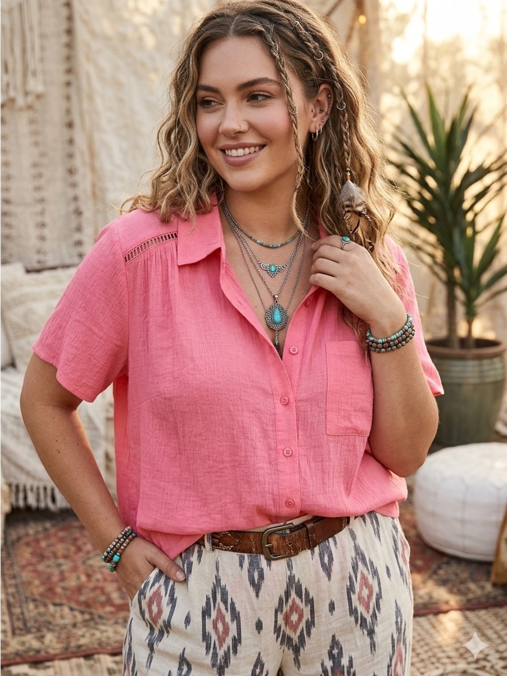 Torrid Women's Sz 1 Coral Gauze Button Up Shirt Ladder Trim Boho Pocket
